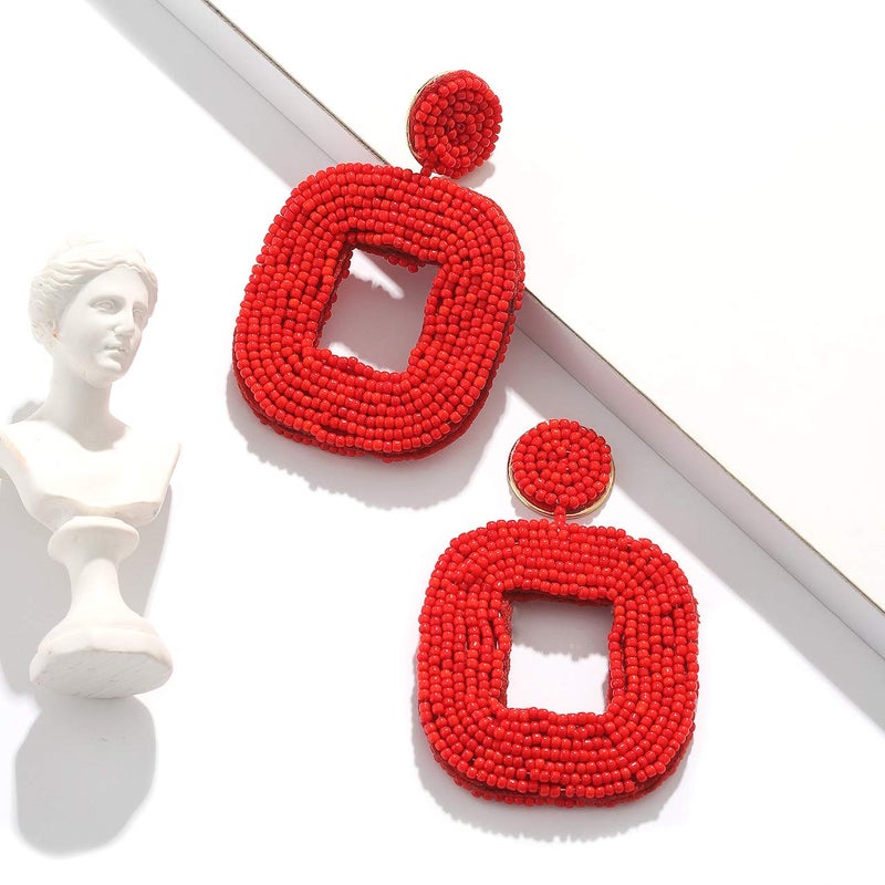 Boderier Beaded Drop Earrings Bohemian Beaded Square Dangle Statement Earrings (Red) - Image 5